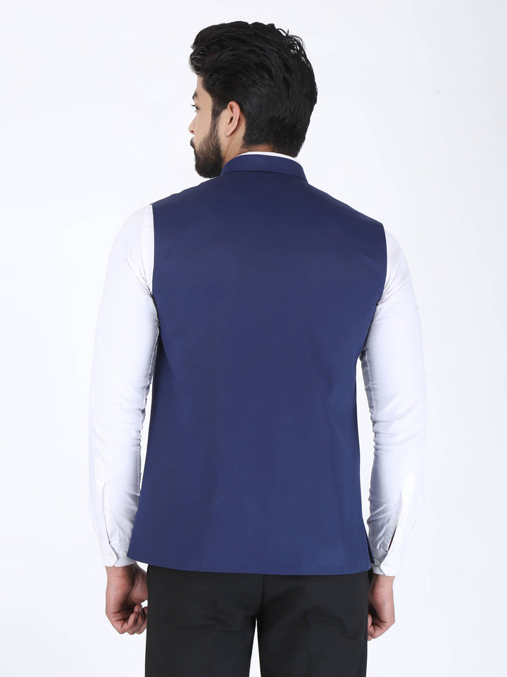 Back View of Navy Solid Formal Nehru Jacket | Amogue