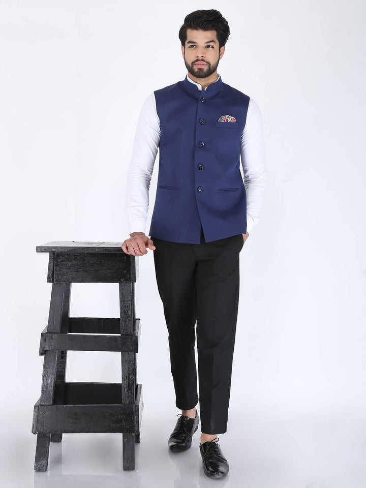 View of Men Wearing Navy Solid Formal Nehru Jacket on white shirt along with black black trouser and black formal shoes