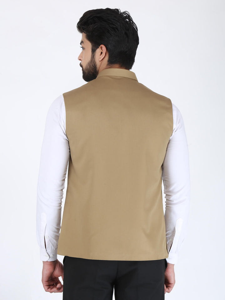 Back View of Beige Solid Formal Nehru Jacket | Amogue