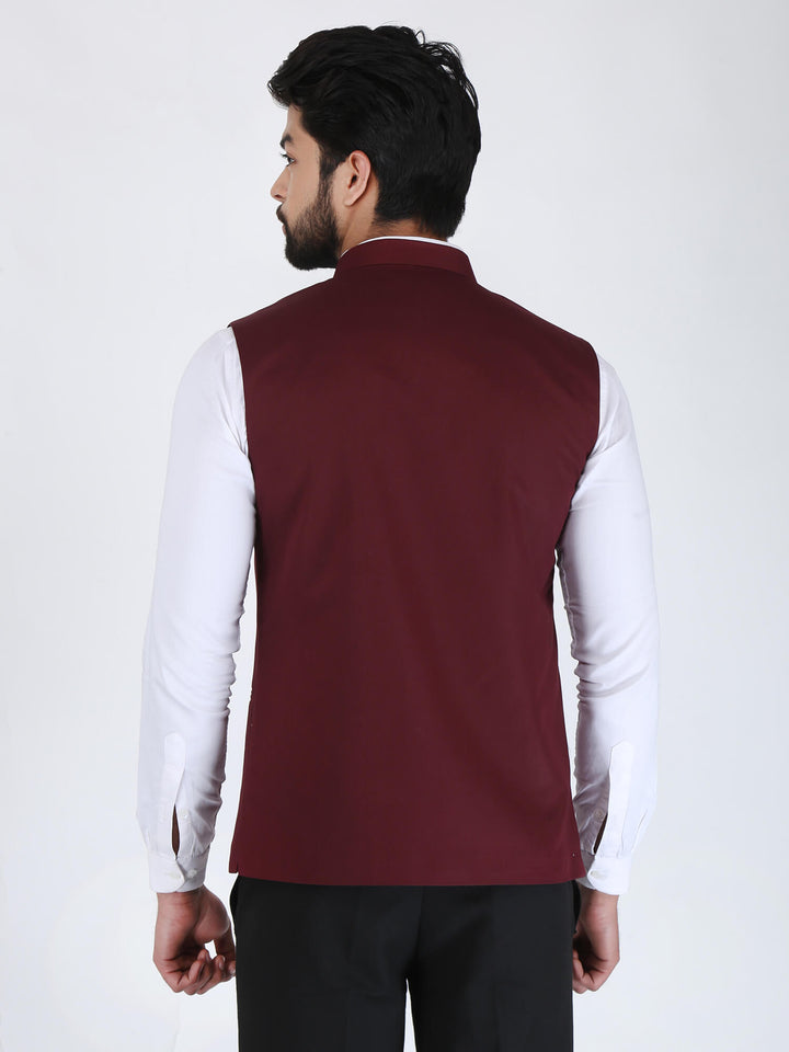 Back View of Maroon Wine Solid Formal Nehru Jacket | Amogue