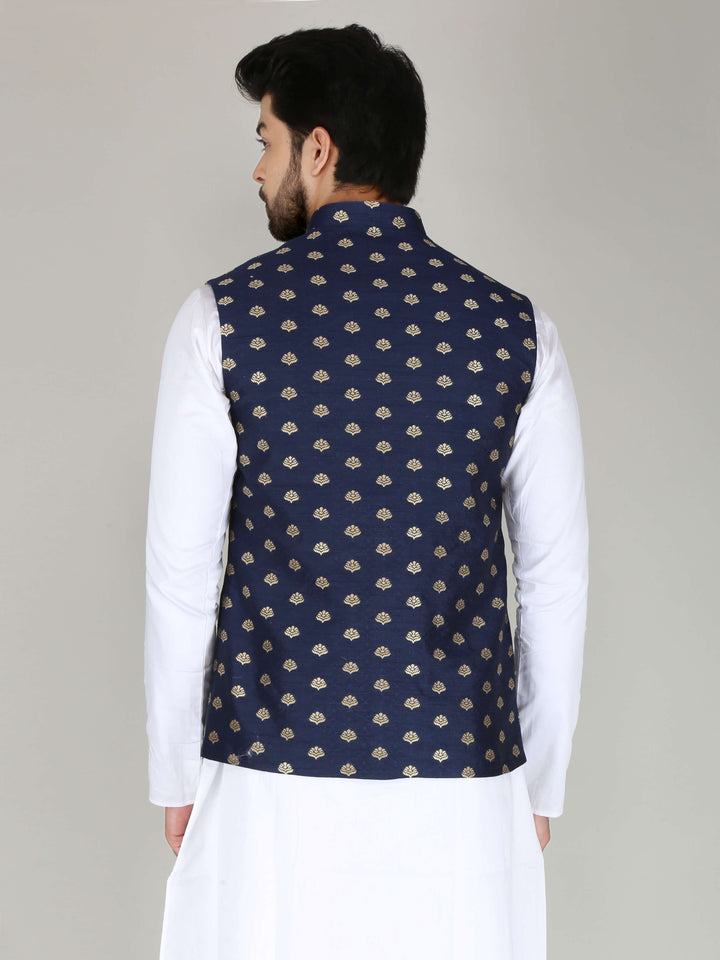 Banarasi Style Navy Blue Nehru Jacket For Men