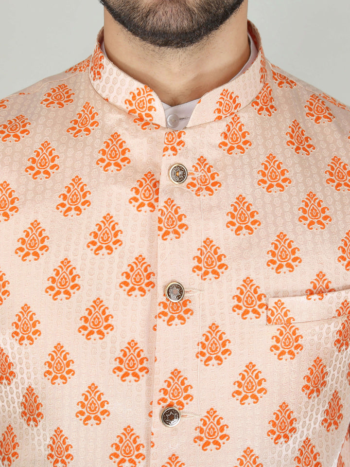 Jacquard Fabric Cream Orange Ethnic Jacket For Men
