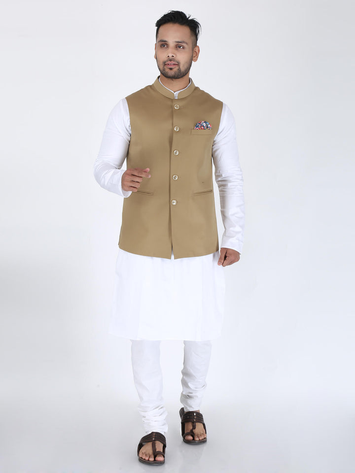 Model Wearing Beige Solid Classic Nehru Jacket on white kurta pyjama
