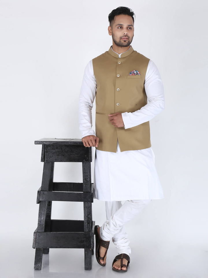Men Wearing Beige Solid Classic Nehru Jacket on white kurta pyjama