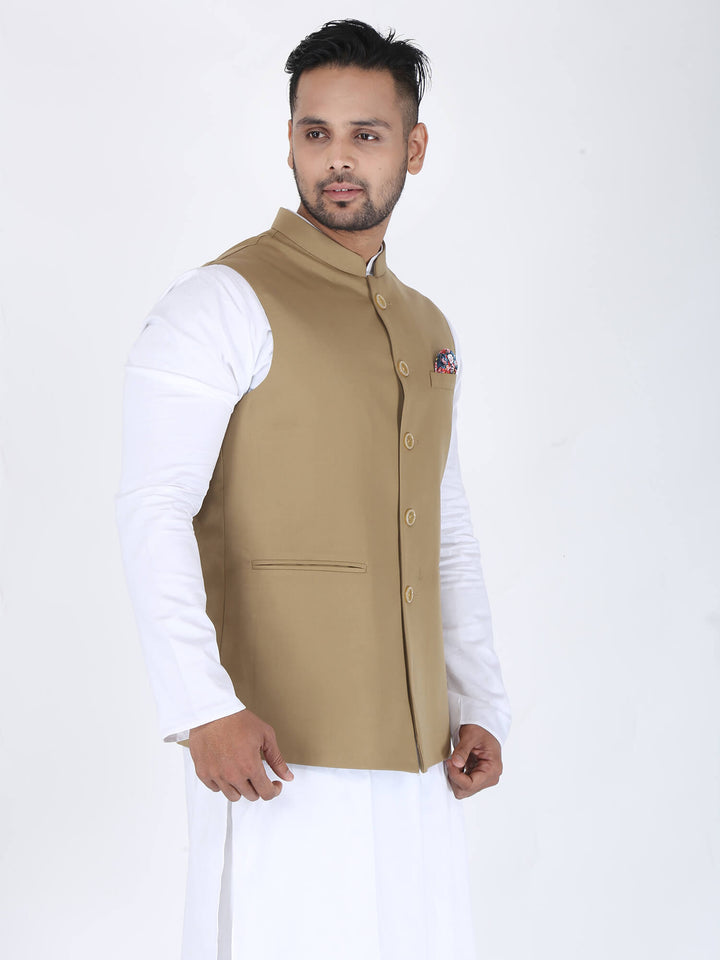 Side view of Beige Solid Classic Nehru Jacket