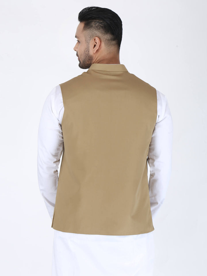 Back view of Beige Solid Classic Nehru Jacket