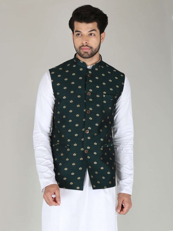 Banarasi Style Dark Green Nehru Jacket For Men