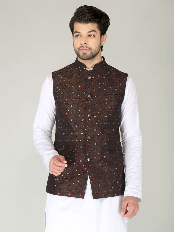 Brown Star Printed Ethnic Nehru Jacket For Men