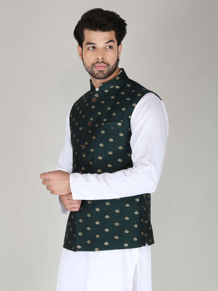 Banarasi Style Dark Green Nehru Jacket For Men