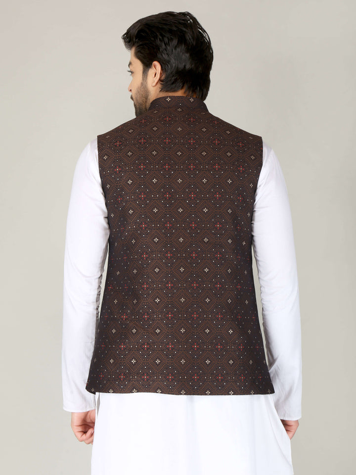 Brown Star Printed Ethnic Nehru Jacket For Men