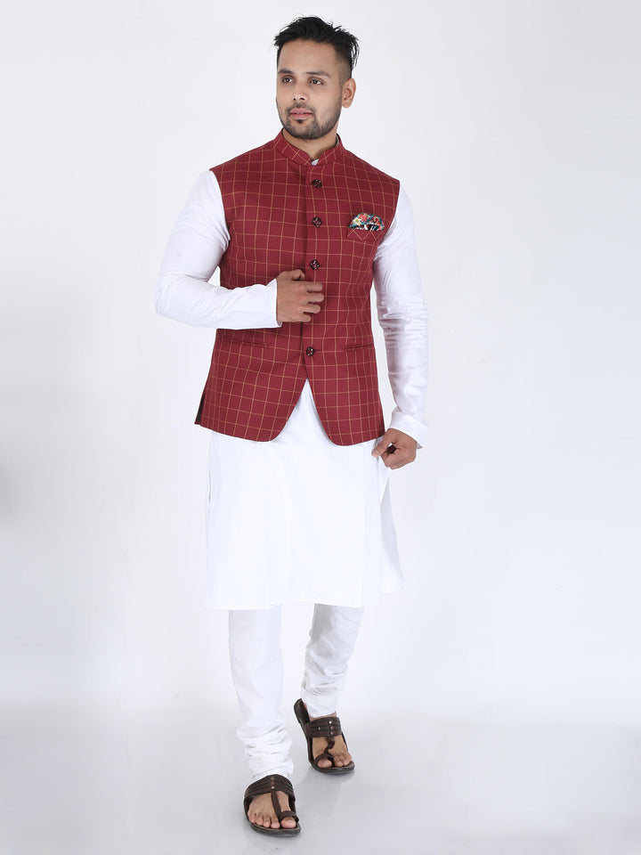 Model wearing Maroon Checks Classic Nehru Jacket on white kurta pyjama