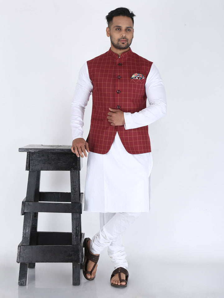 Model displaying wearing Maroon Checks Classic Nehru Jacket on white kurta pyjama