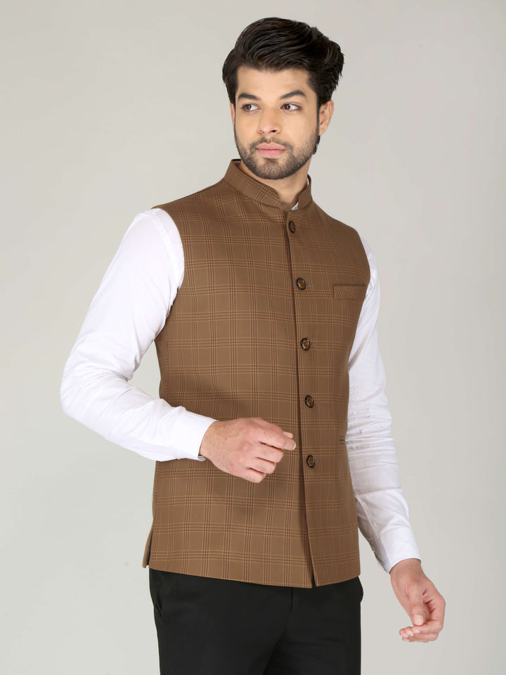 Khaki Color Formal Nehru Jacket For Men
