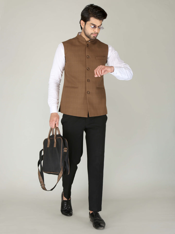 Khaki Color Formal Nehru Jacket For Men