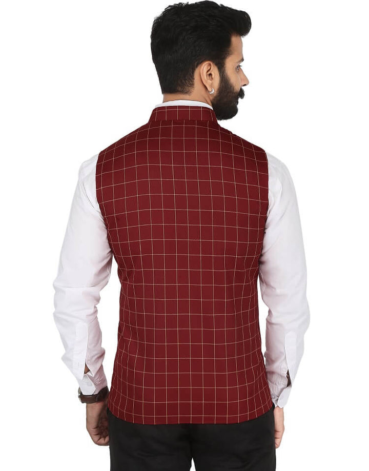 Back view of Maroon Checkered Nehru Jacket | Amogue