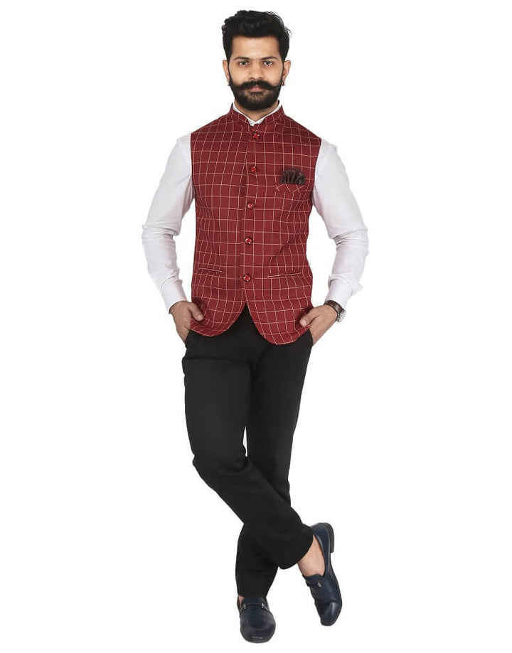 Model wearing Maroon Checkered Nehru Jacket on white shirt and black trouser | Amogue
