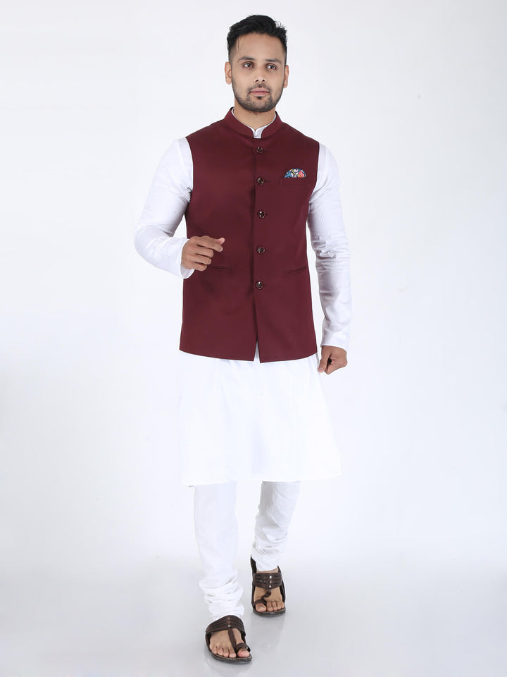 Model wearing Maroon Solid Classic Modi Jacket above White kurta Pyjama