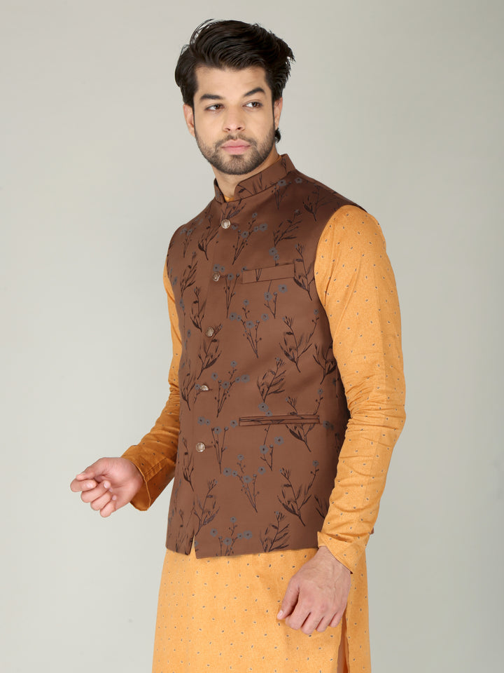 Brown Flower Printed Nehru Jacket For Men