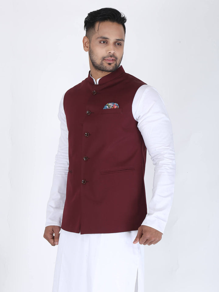 Side view of Maroon Solid Classic Modi Jacket