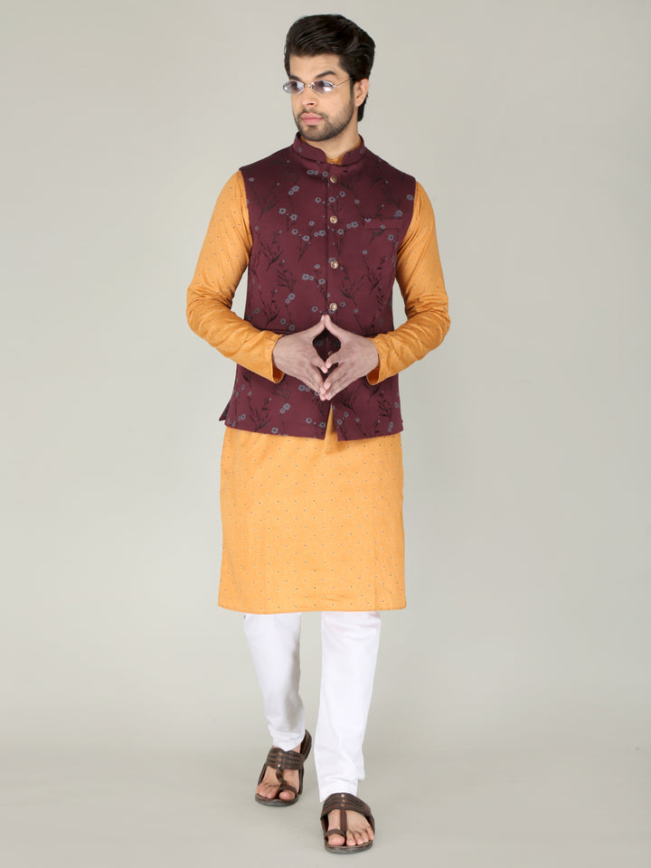 Maroon Floral Printed Nehru Jacket For Men