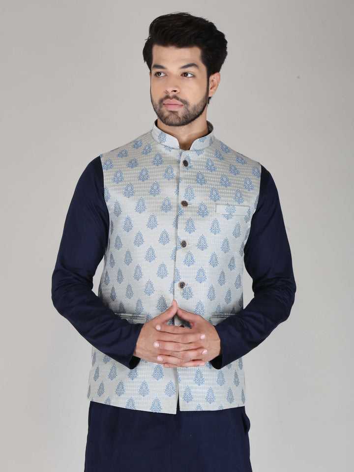 Jacquard Fabric Grey Sky Ethnic Jacket For Men