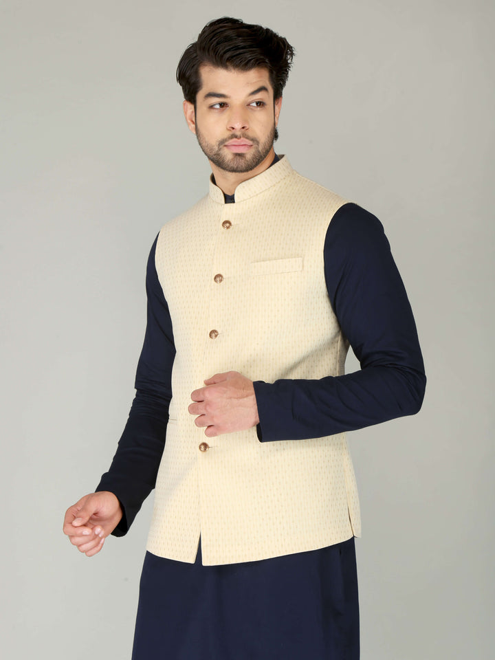 Cream Self-Lining Ethnic Nehru Jacket For Men