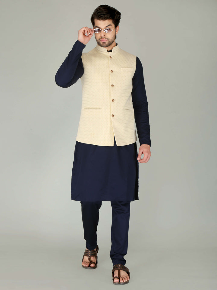 Cream Self-Lining Ethnic Nehru Jacket For Men