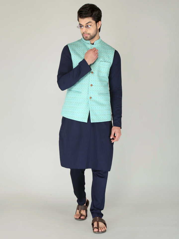 Sea Green Zig-Zag Ethnic Nehru Jacket For Men