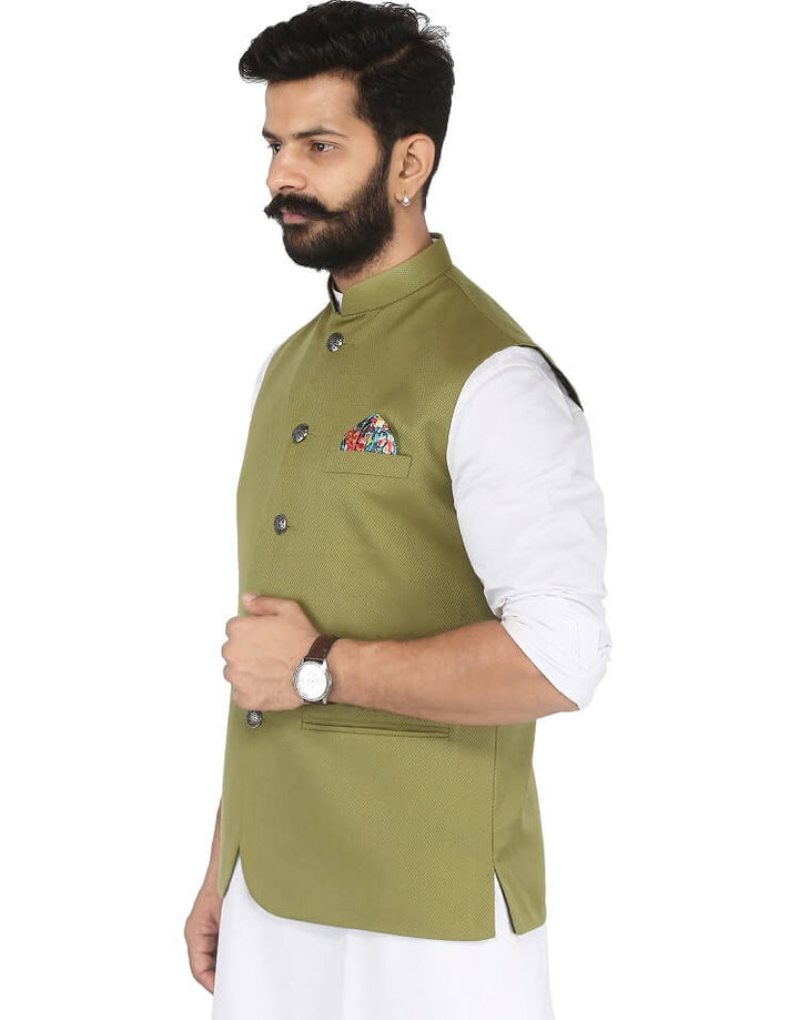 Side view of Mens Olive Green Nehru jacket | Amogue