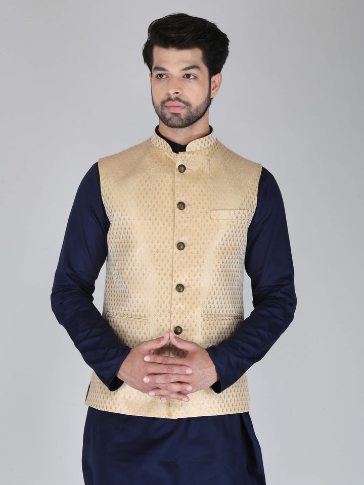 Jacquard Fabric Golden Ethnic Jacket For Men