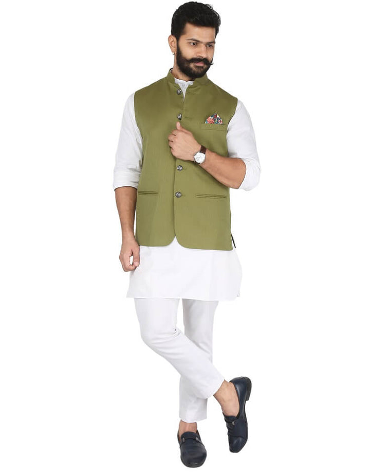 Model wearing Men's Olive Green Nehru jacket | Amogue