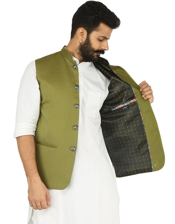 Inner view of Olive Green Nehru Mens jacket | Amogue