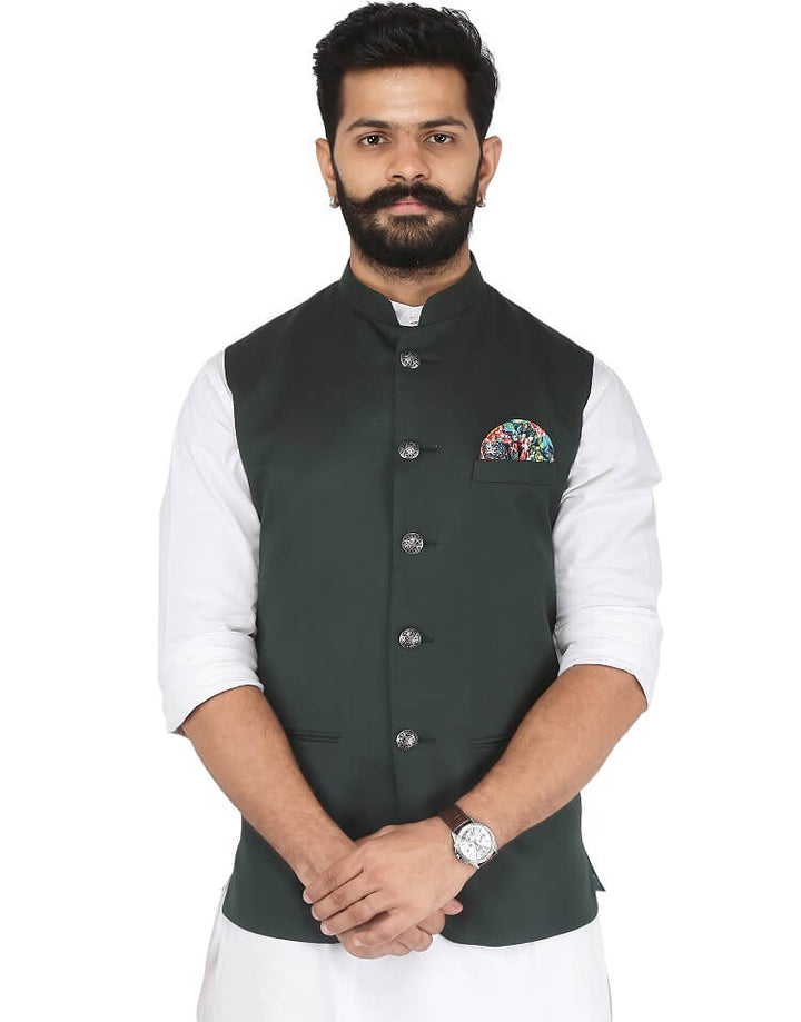 Men's Green Solid Nehru jacket | Amogue