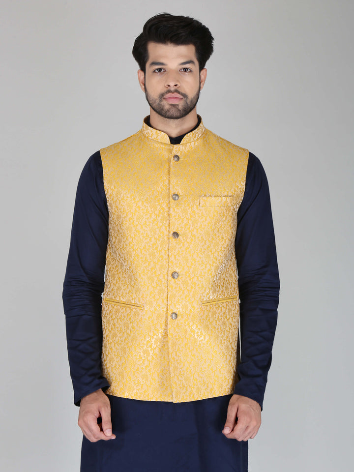 Jacquard Fabric Yellow Ethnic Jacket For Men