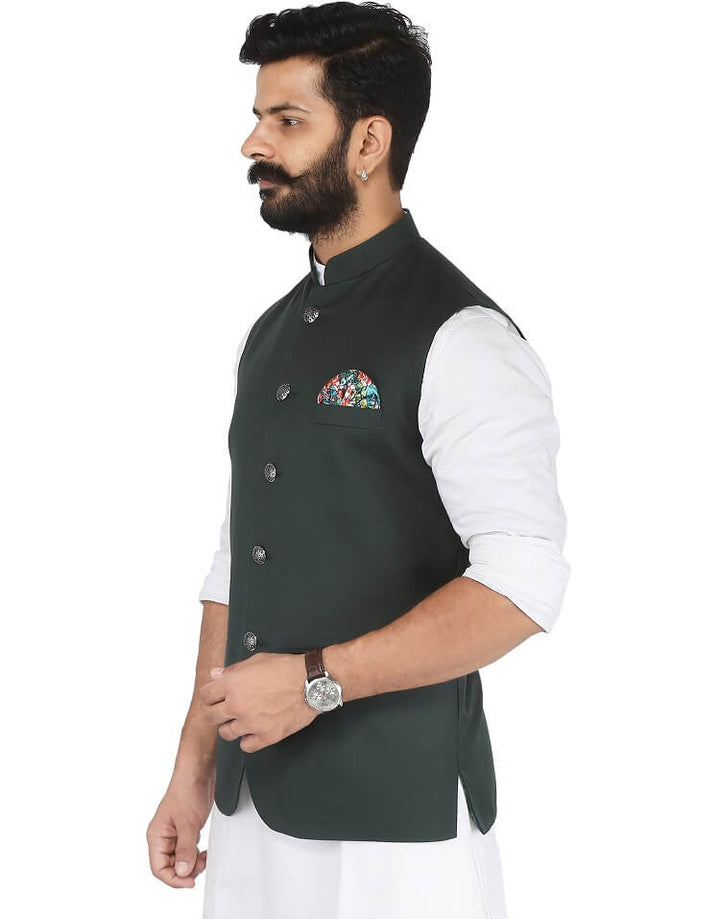 Side view of Men's Green Solid Nehru jacket | Amogue