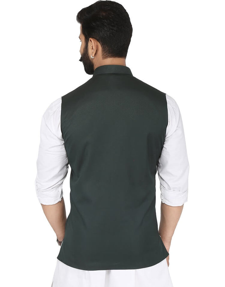 Back view of Men's Green Solid Nehru jacket | Amogue