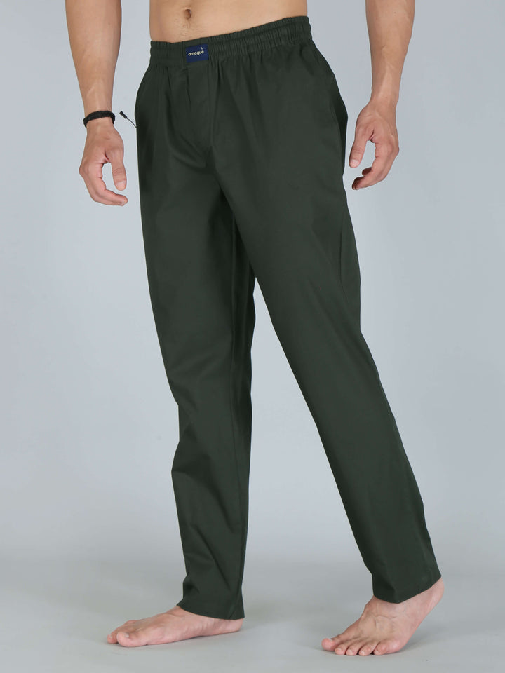 Solid Dark Green Cotton Pajamas For Men