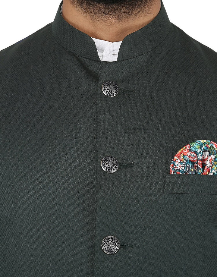 Close up view Men's Green Solid Nehru jacket | Amogue