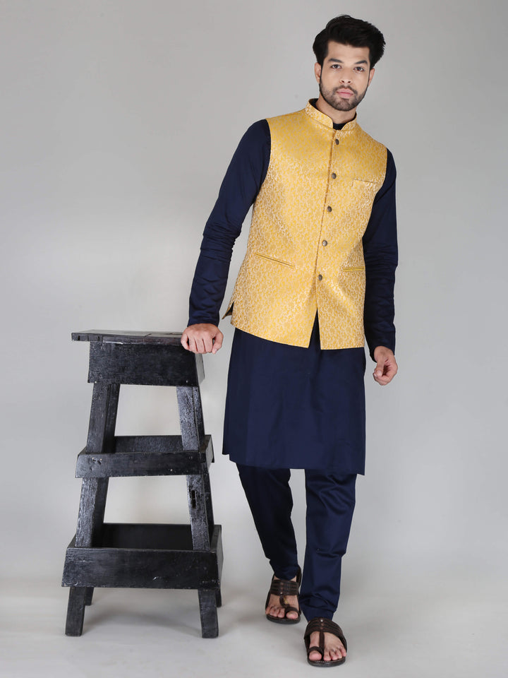 Jacquard Fabric Yellow Ethnic Jacket For Men