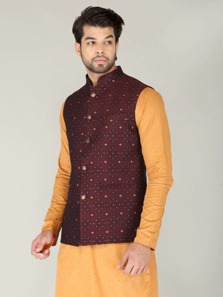 Maroon Star Printed Ethnic Nehru Jacket For Men