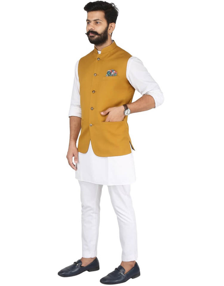 Model wearing Mustard Solid Nehru Mens Jacket on white kurta pajama | Amogue