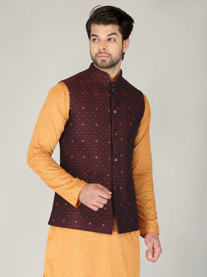Maroon Star Printed Ethnic Nehru Jacket For Men