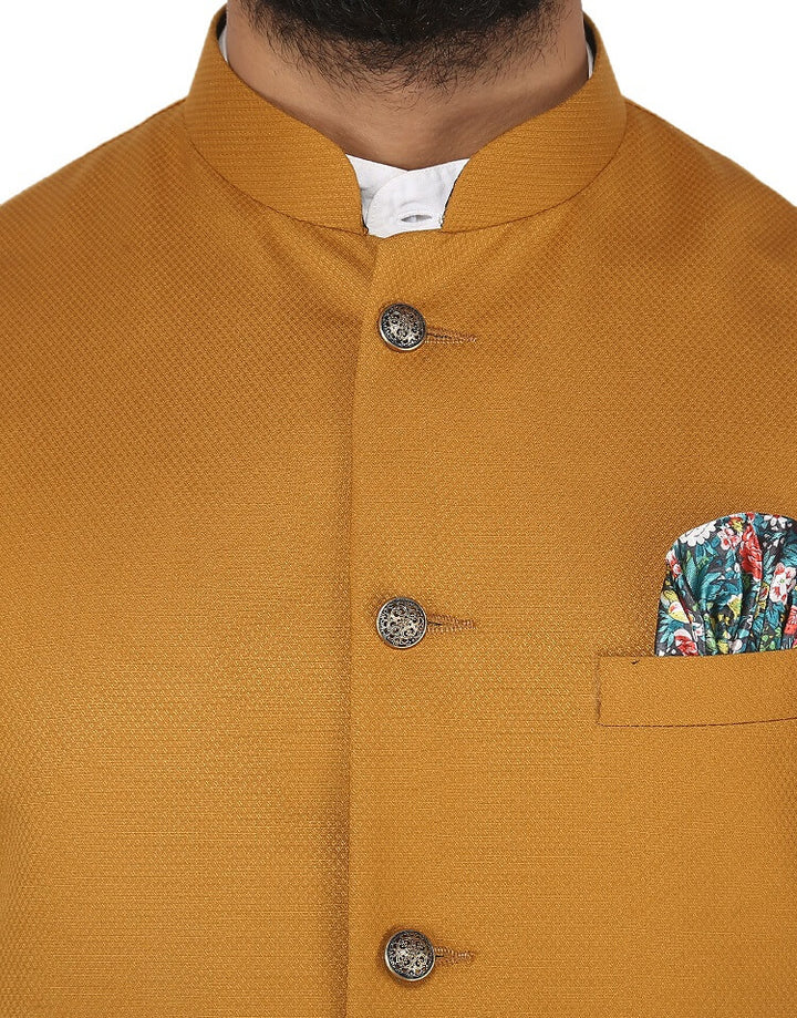 Close up view of Mustard Solid Nehru Mens Jacket | Amogue