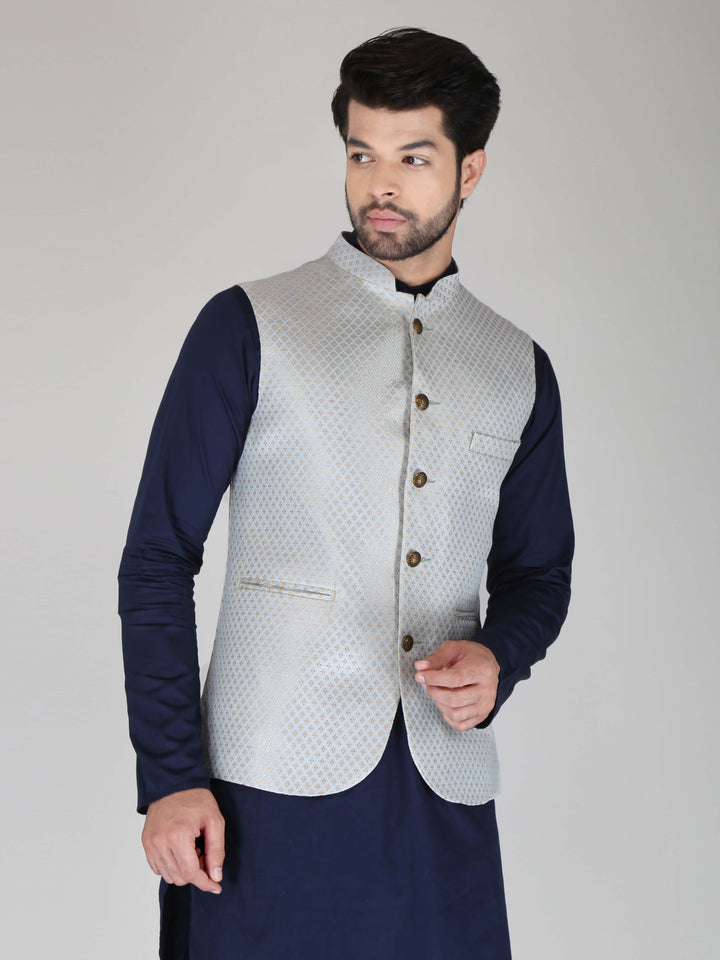 Jacquard Fabric Light Grey Ethnic Jacket For Men