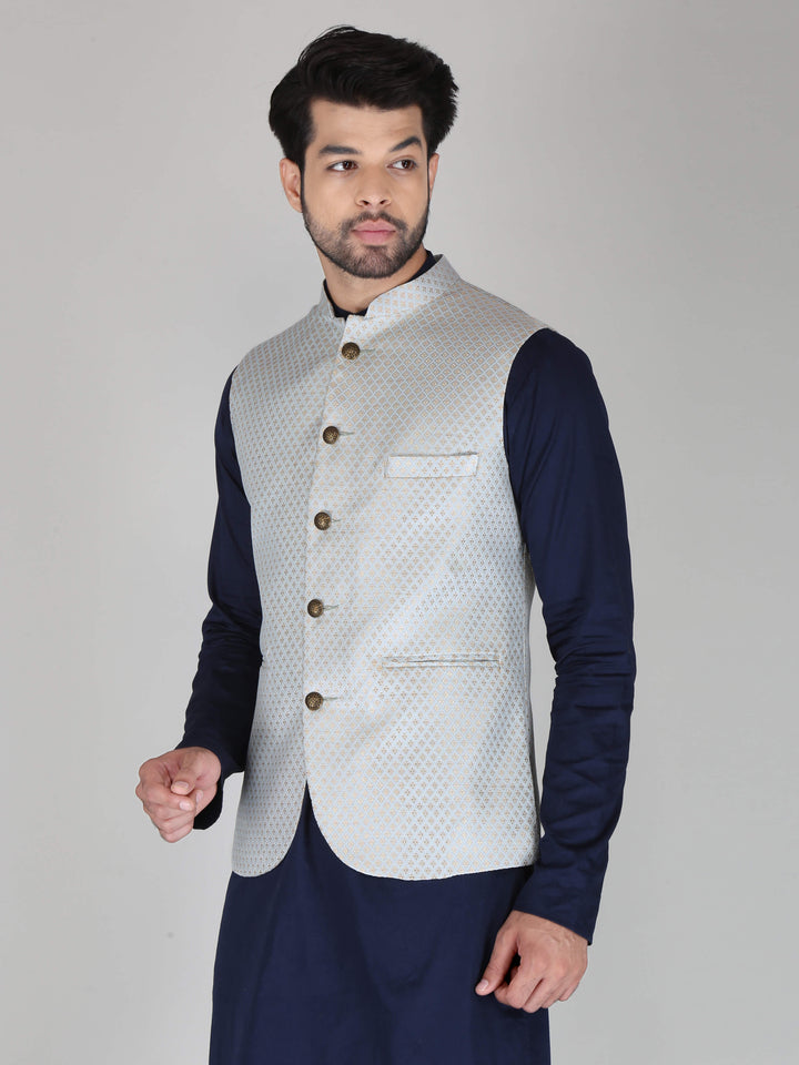 Jacquard Fabric Light Grey Ethnic Jacket For Men