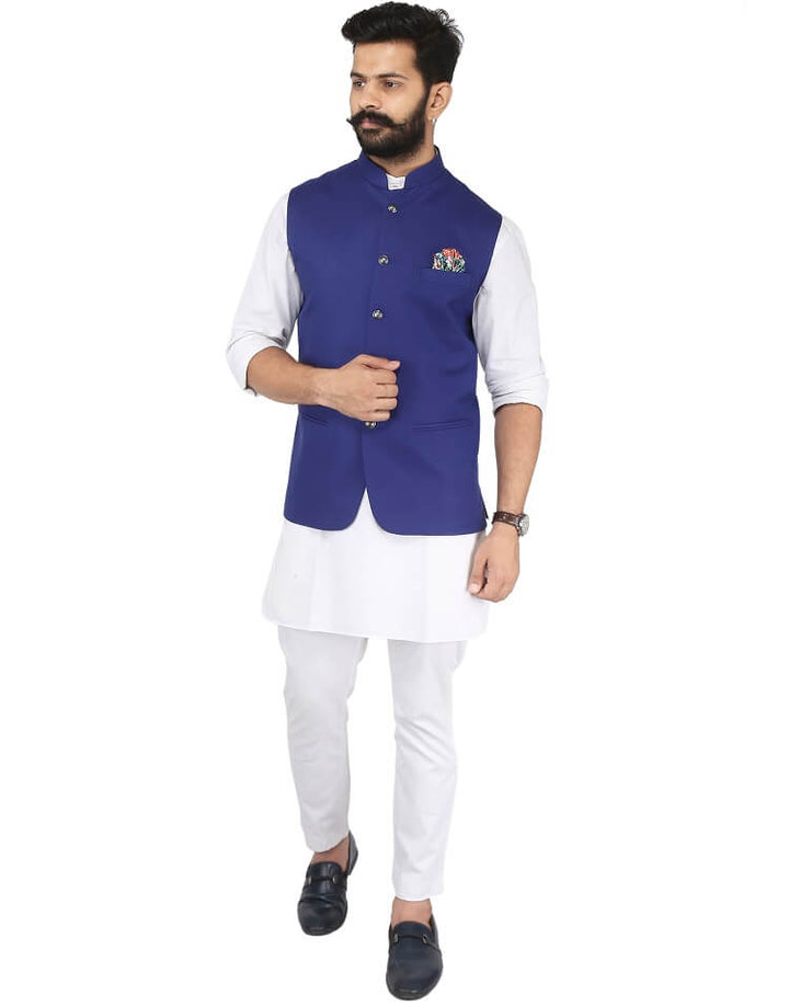 Model wearing Royal Blue Solid Nehru Mens Jacket on white kurta pyjama | Amogue