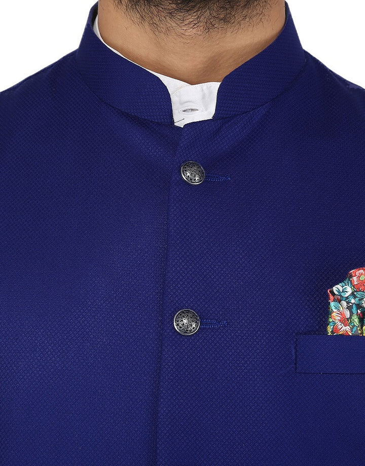 Close up view of Royal Blue Solid Nehru Mens Jacket | Amogue
