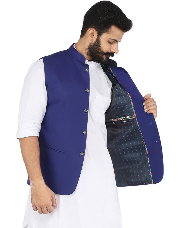 Inner view of Royal Blue Solid Nehru Mens Jacket | Amogue