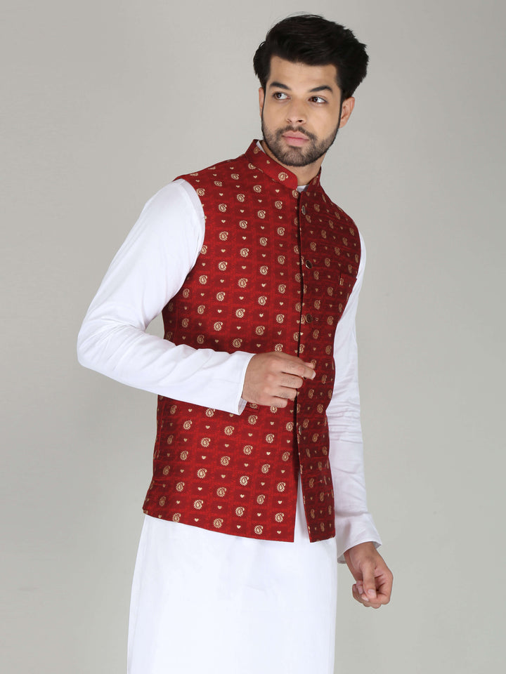 Banarasi Style Maroon Nehru Jacket For Men