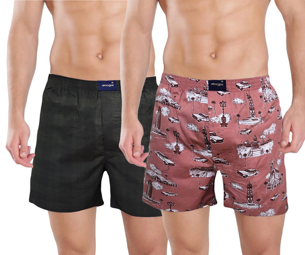 Army Checks and Geranium Pink Car Printed Cotton Boxers for Men